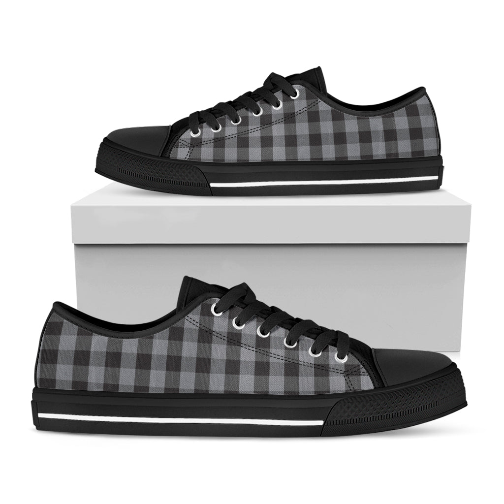 Grey And Black Check Pattern Print Black Low Top Shoes