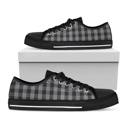 Grey And Black Check Pattern Print Black Low Top Shoes