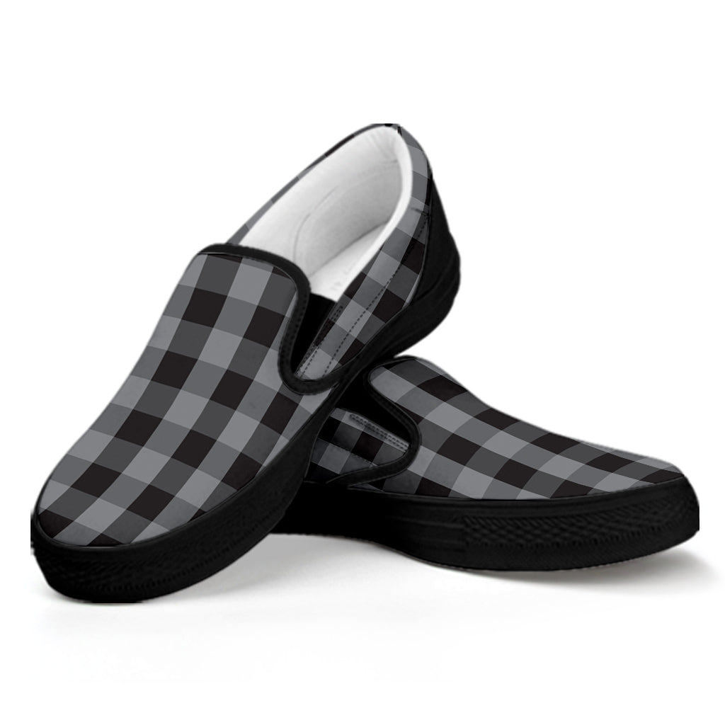 Grey And Black Check Pattern Print Black Slip On Shoes