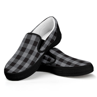 Grey And Black Check Pattern Print Black Slip On Shoes
