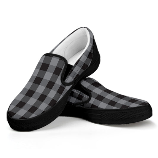 Grey And Black Check Pattern Print Black Slip On Shoes
