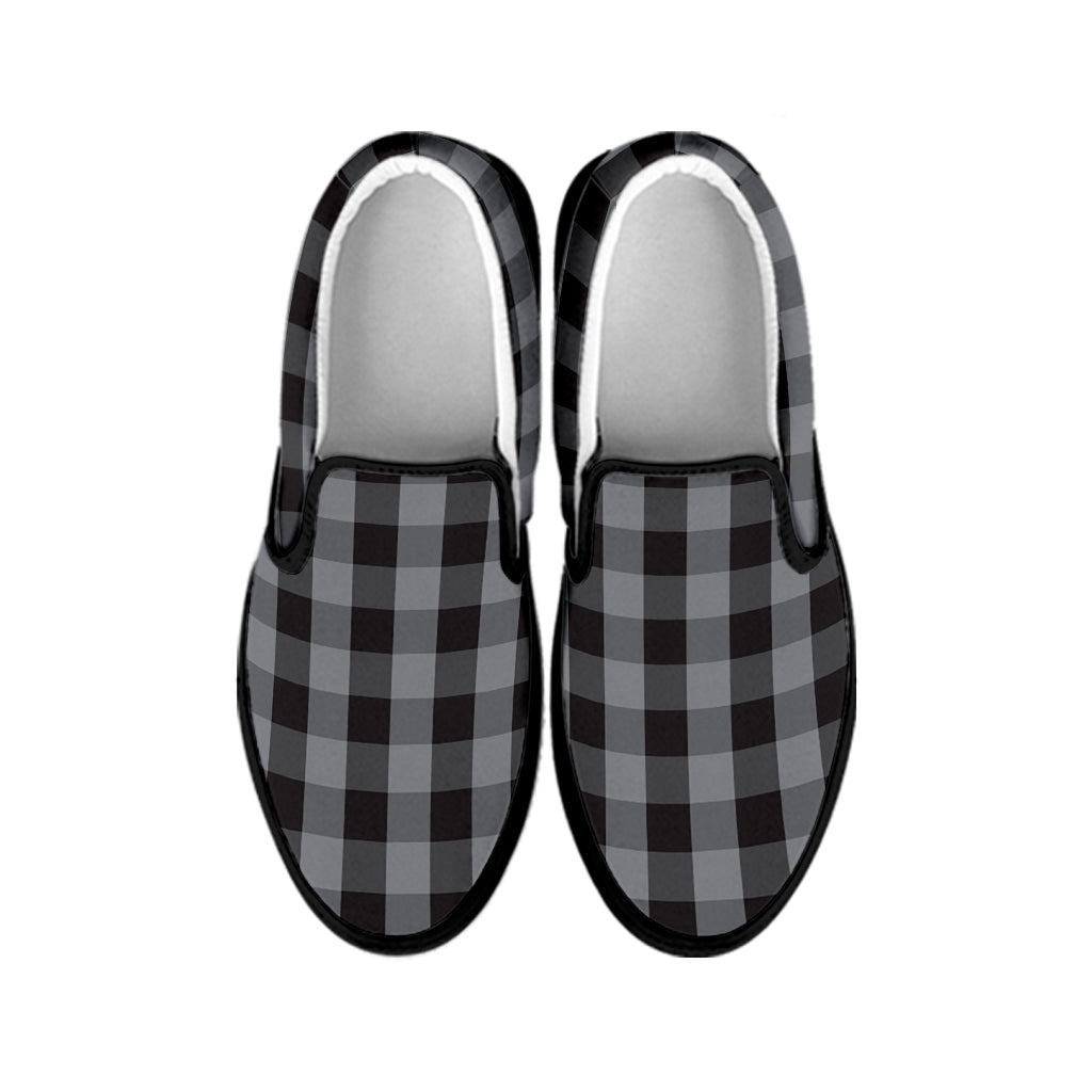 Grey And Black Check Pattern Print Black Slip On Shoes