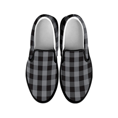 Grey And Black Check Pattern Print Black Slip On Shoes