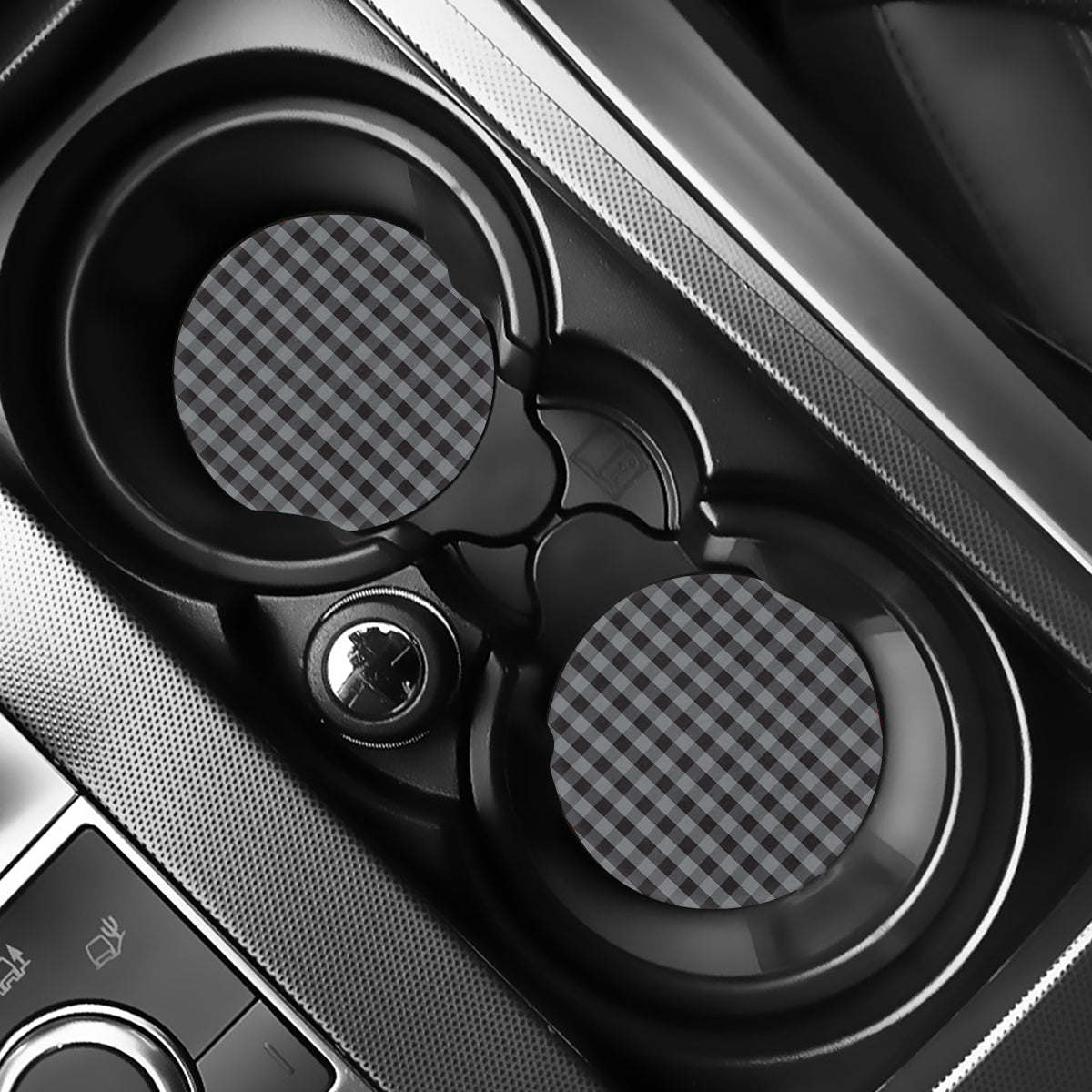 Grey And Black Check Pattern Print Car Coasters