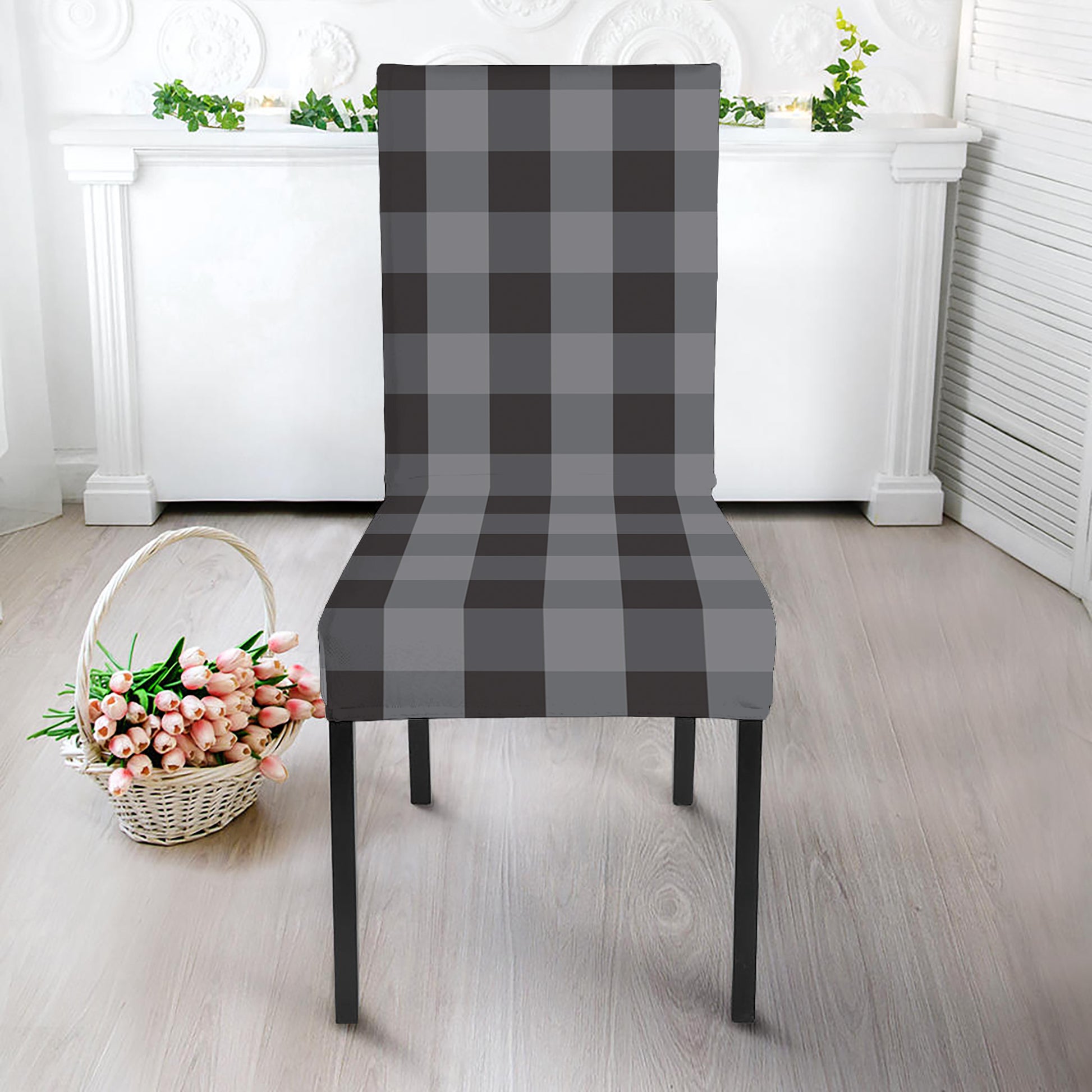 Grey And Black Check Pattern Print Dining Chair Slipcover