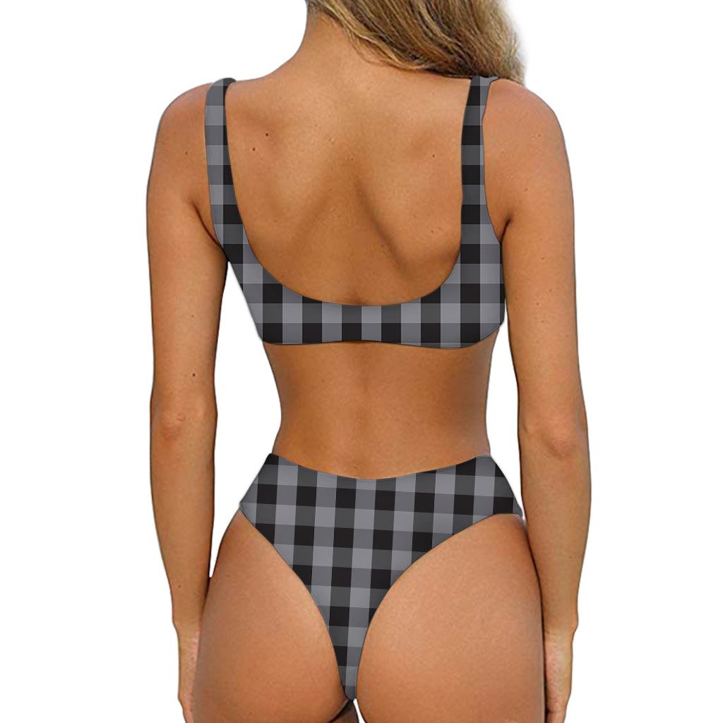 Grey And Black Check Pattern Print Front Bow Tie Bikini