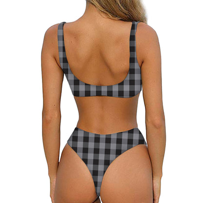 Grey And Black Check Pattern Print Front Bow Tie Bikini