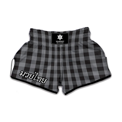 Grey And Black Check Pattern Print Muay Thai Boxing Shorts