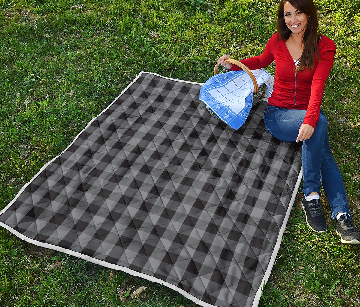 Grey And Black Check Pattern Print Quilt