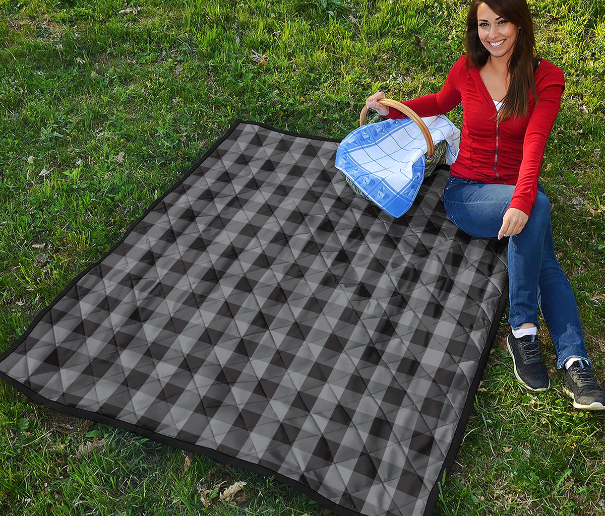 Grey And Black Check Pattern Print Quilt