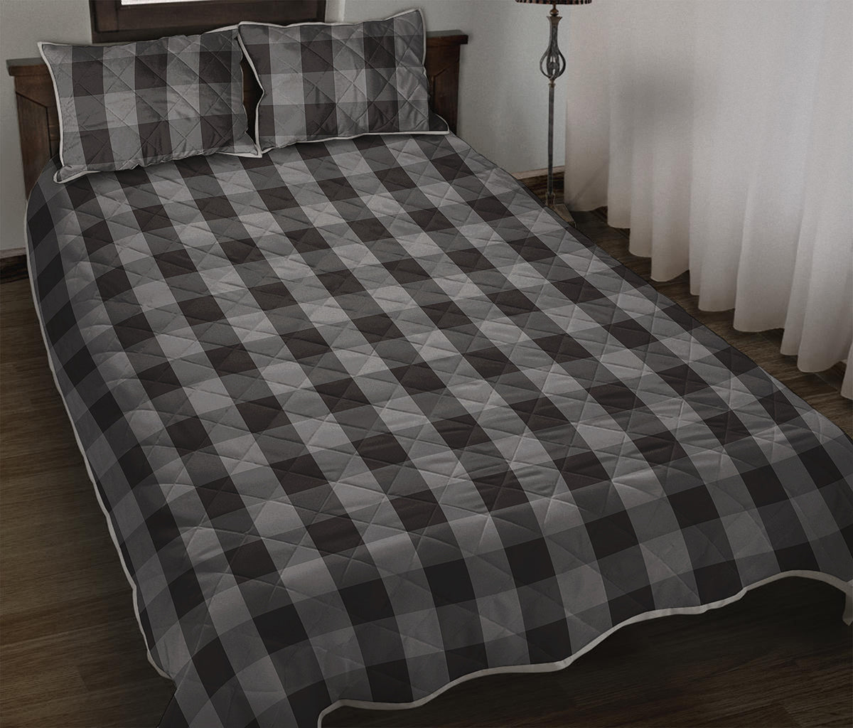 Grey And Black Check Pattern Print Quilt Bed Set