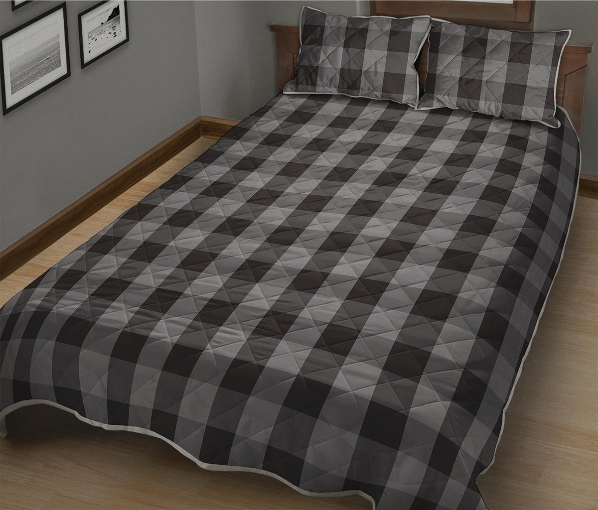 Grey And Black Check Pattern Print Quilt Bed Set