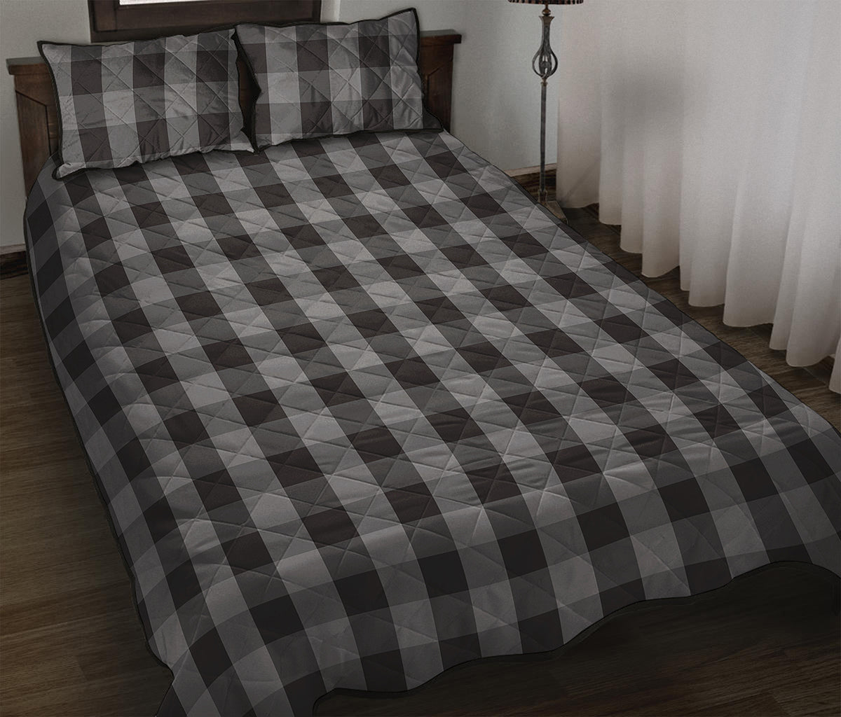 Grey And Black Check Pattern Print Quilt Bed Set