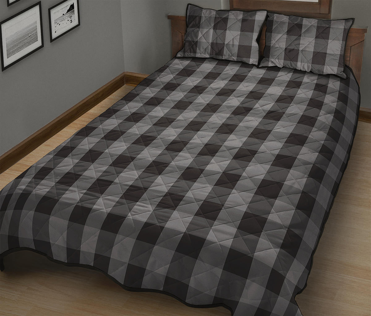 Grey And Black Check Pattern Print Quilt Bed Set
