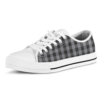 Grey And Black Check Pattern Print White Low Top Shoes