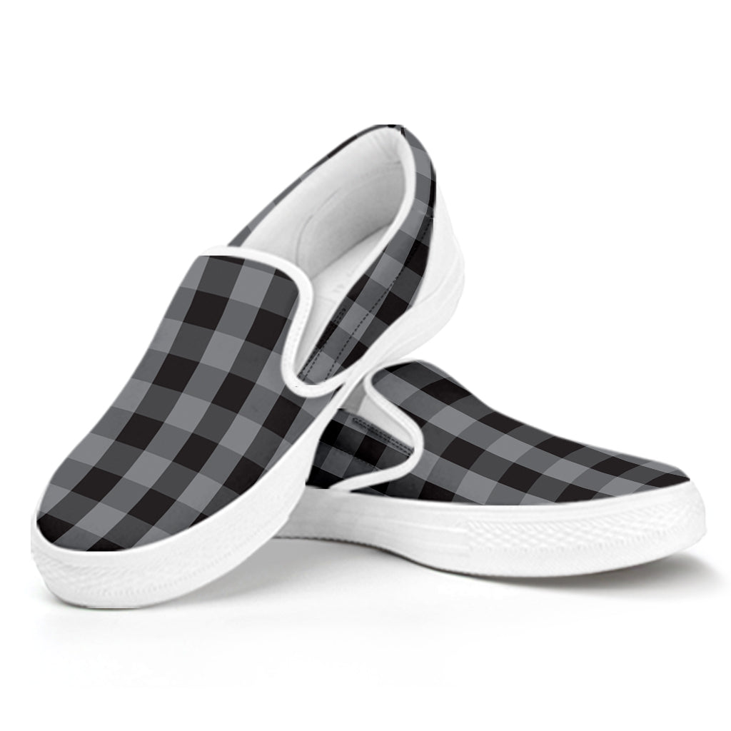 Grey And Black Check Pattern Print White Slip On Shoes