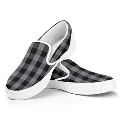 Grey And Black Check Pattern Print White Slip On Shoes