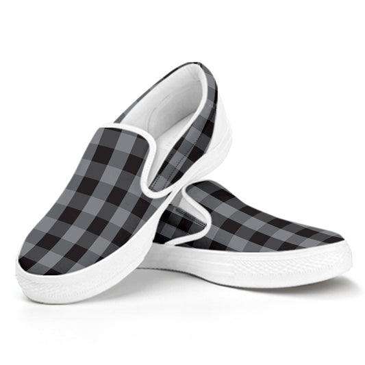 Grey And Black Check Pattern Print White Slip On Shoes