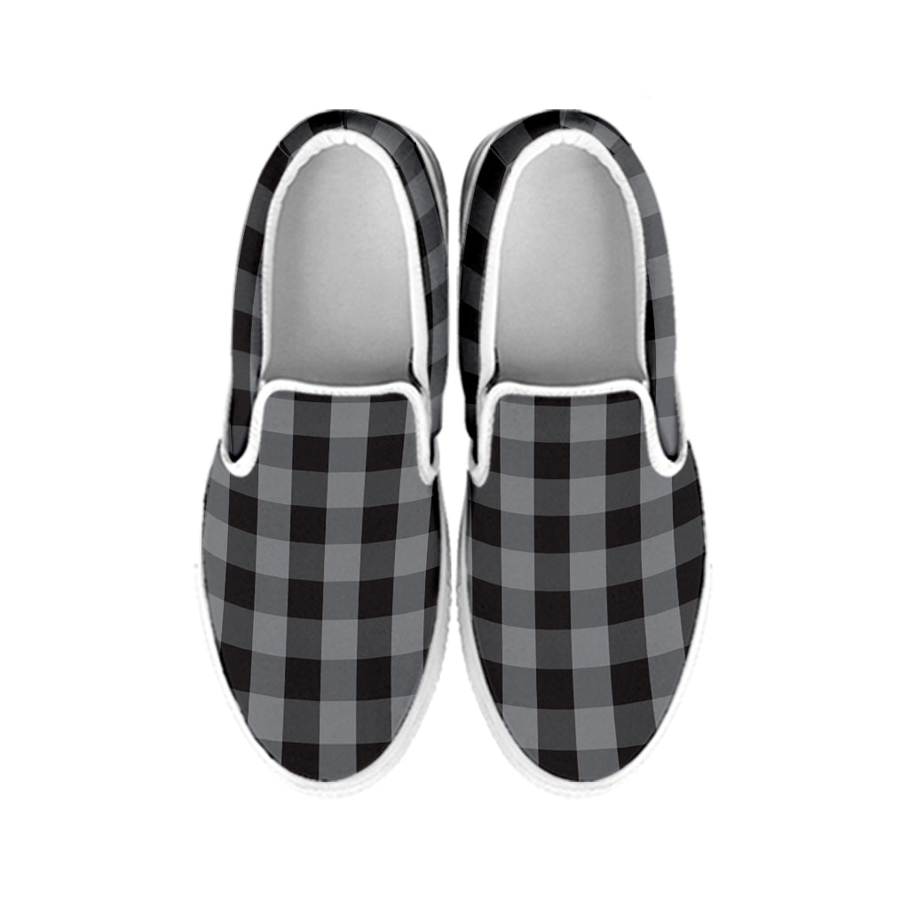 Grey And Black Check Pattern Print White Slip On Shoes
