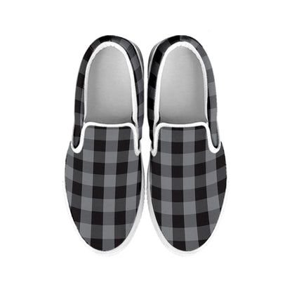 Grey And Black Check Pattern Print White Slip On Shoes