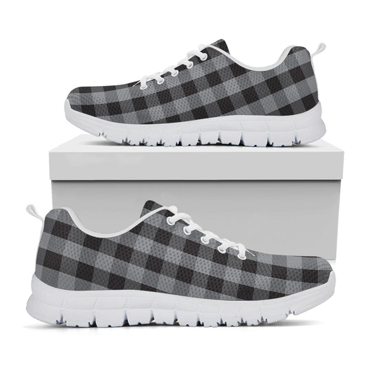 Grey And Black Check Pattern Print White Sneakers