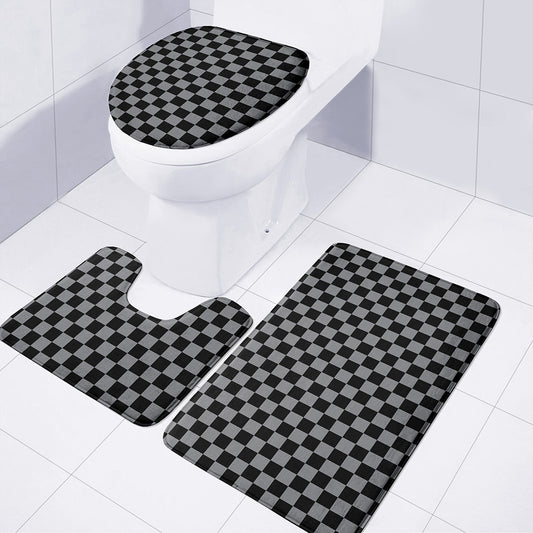 Grey And Black Checkered Pattern Print 3 Piece Bath Mat Set