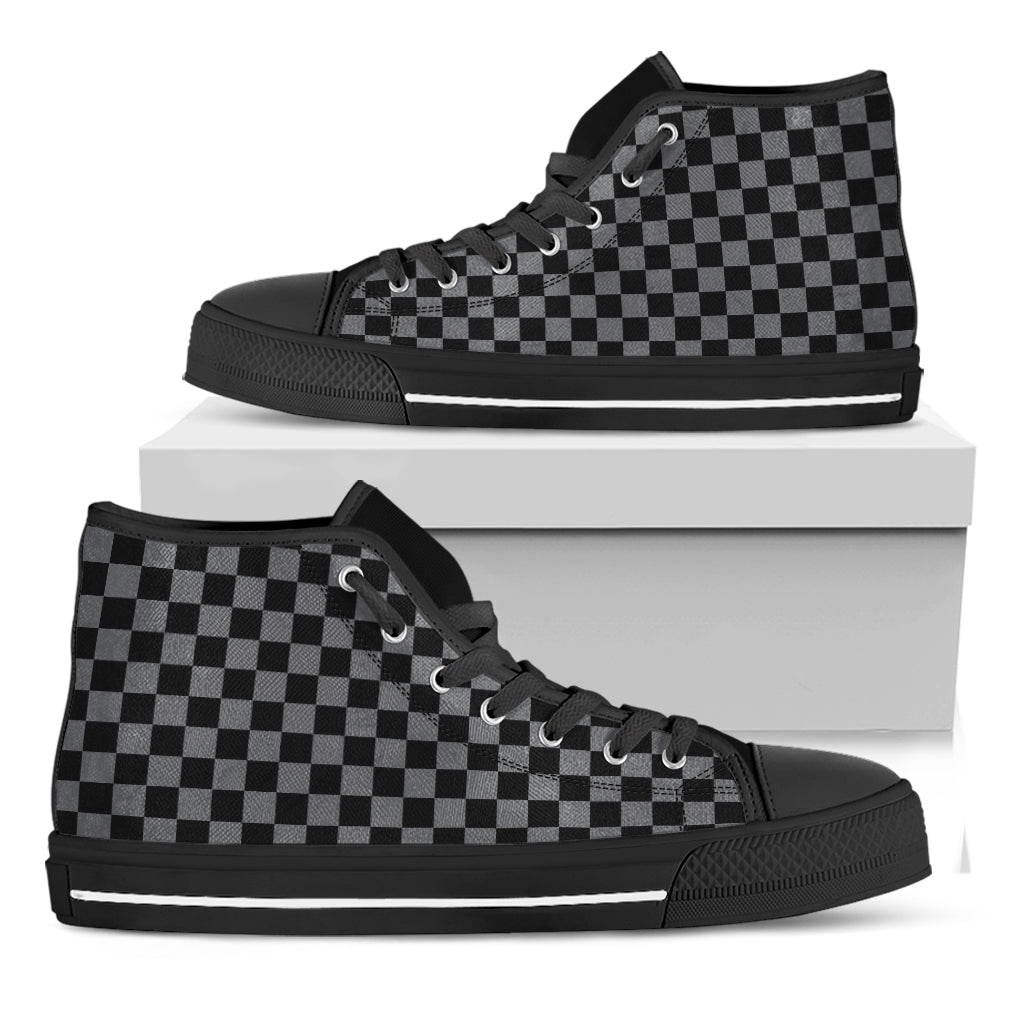 Grey And Black Checkered Pattern Print Black High Top Shoes