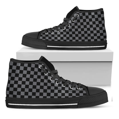 Grey And Black Checkered Pattern Print Black High Top Shoes