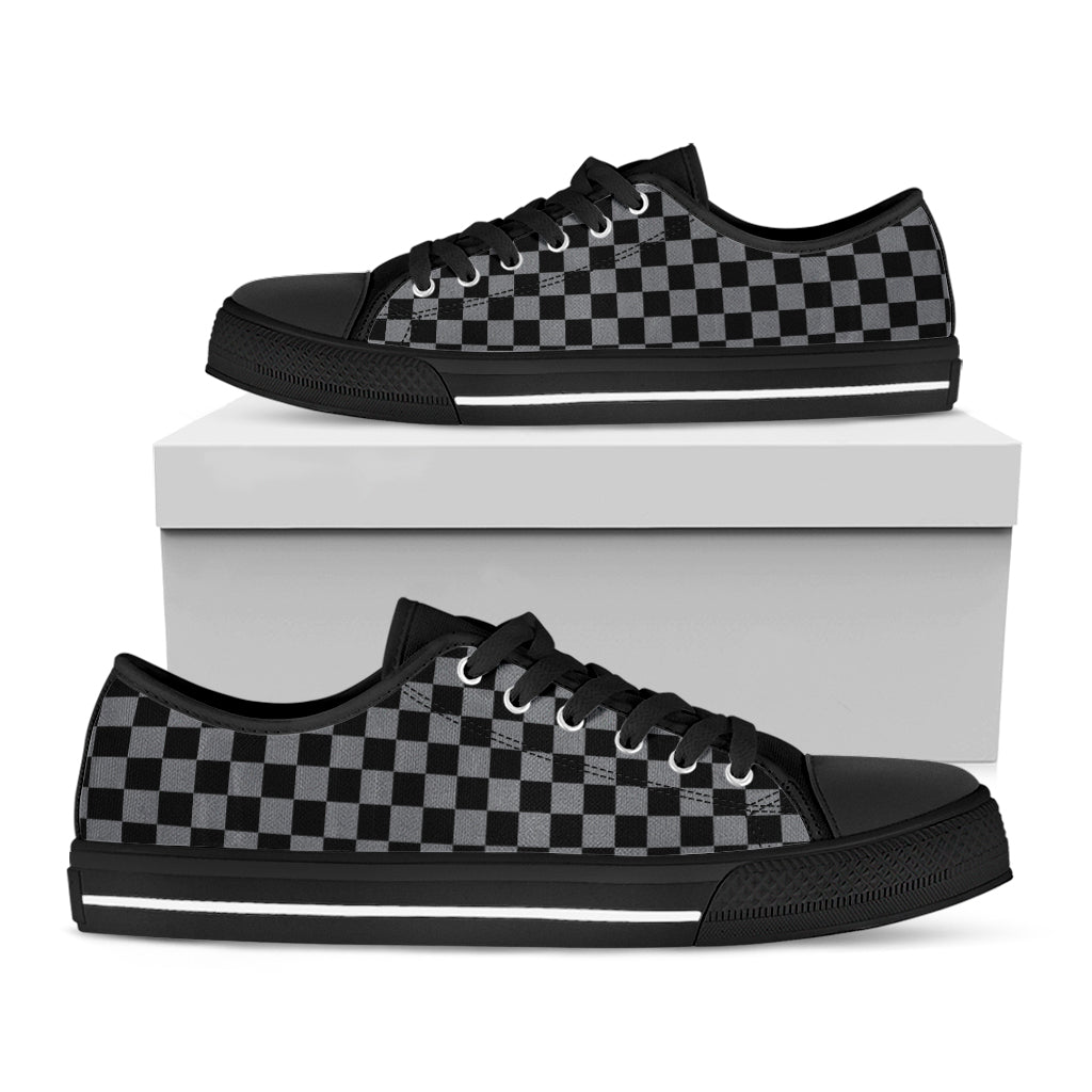 Grey And Black Checkered Pattern Print Black Low Top Shoes