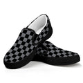 Grey And Black Checkered Pattern Print Black Slip On Sneakers
