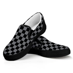 Grey And Black Checkered Pattern Print Black Slip On Shoes