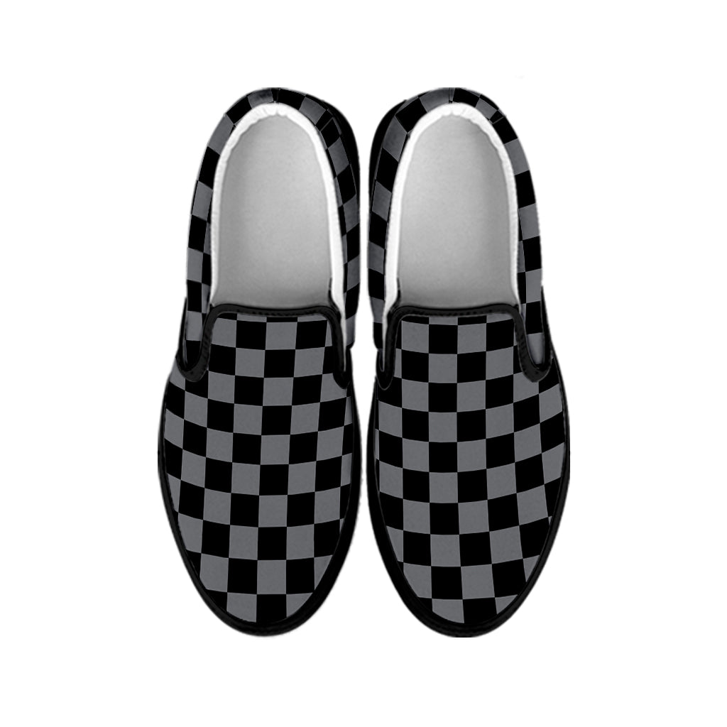 Grey And Black Checkered Pattern Print Black Slip On Shoes