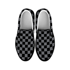 Grey And Black Checkered Pattern Print Black Slip On Shoes