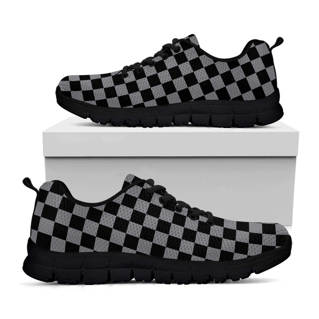 Grey And Black Checkered Pattern Print Black Sneakers