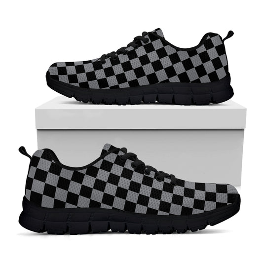 Grey And Black Checkered Pattern Print Black Sneakers