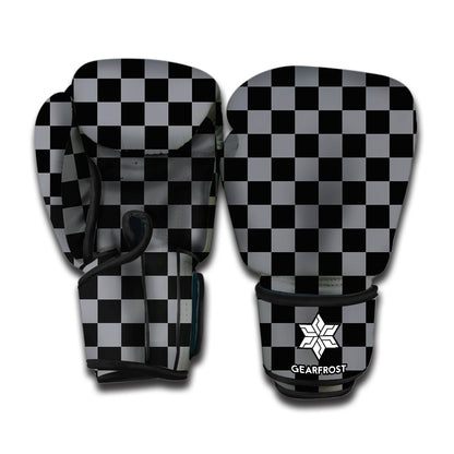 Grey And Black Checkered Pattern Print Boxing Gloves