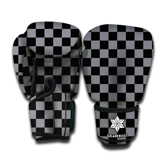 Grey And Black Checkered Pattern Print Boxing Gloves