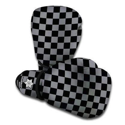 Grey And Black Checkered Pattern Print Boxing Gloves