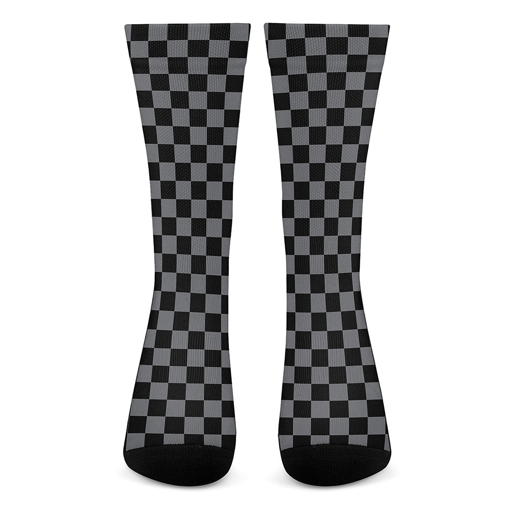 Grey And Black Checkered Pattern Print Crew Socks