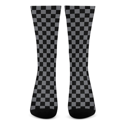 Grey And Black Checkered Pattern Print Crew Socks