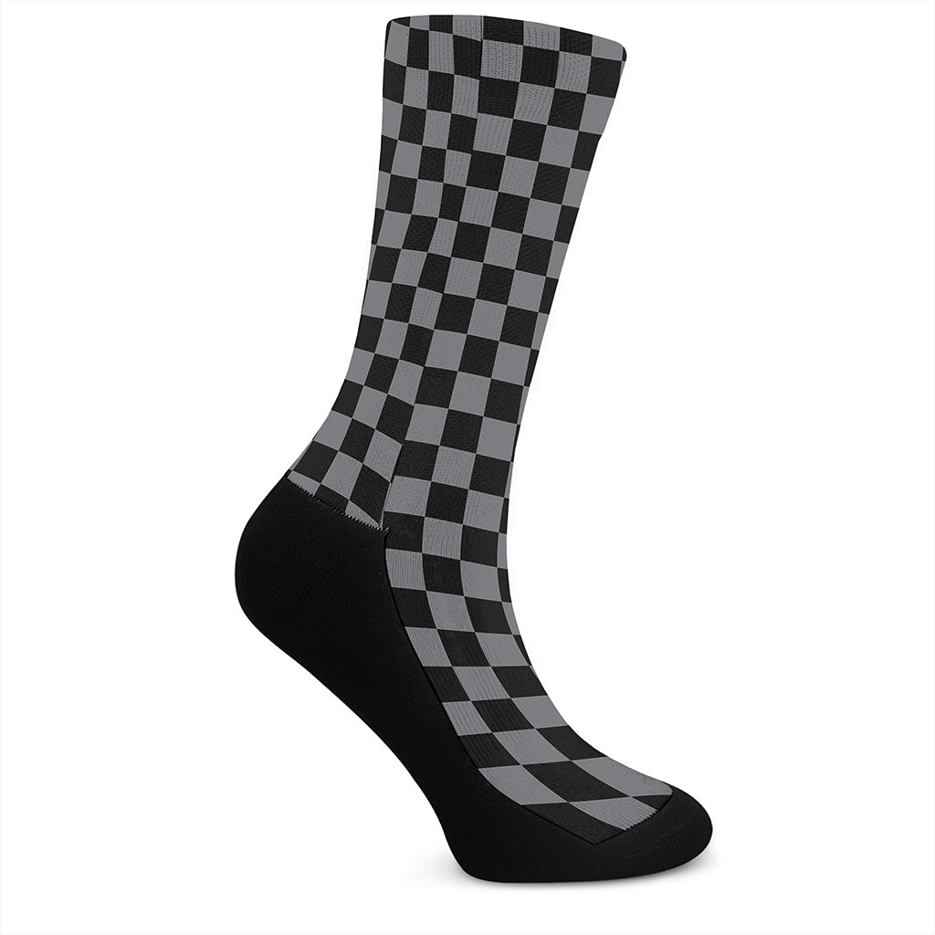 Grey And Black Checkered Pattern Print Crew Socks