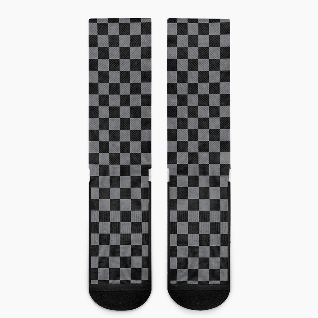 Grey And Black Checkered Pattern Print Crew Socks