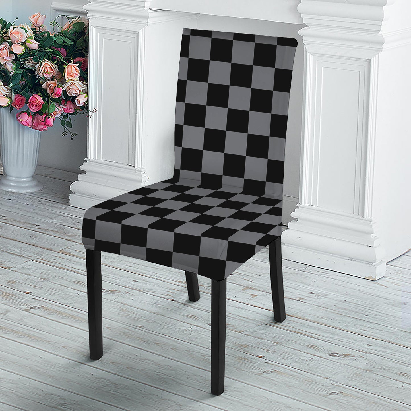 Grey And Black Checkered Pattern Print Dining Chair Slipcover