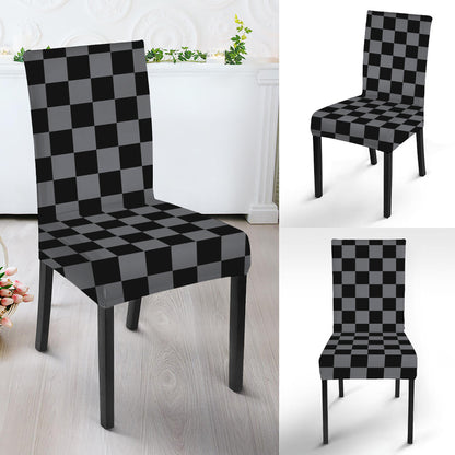 Grey And Black Checkered Pattern Print Dining Chair Slipcover