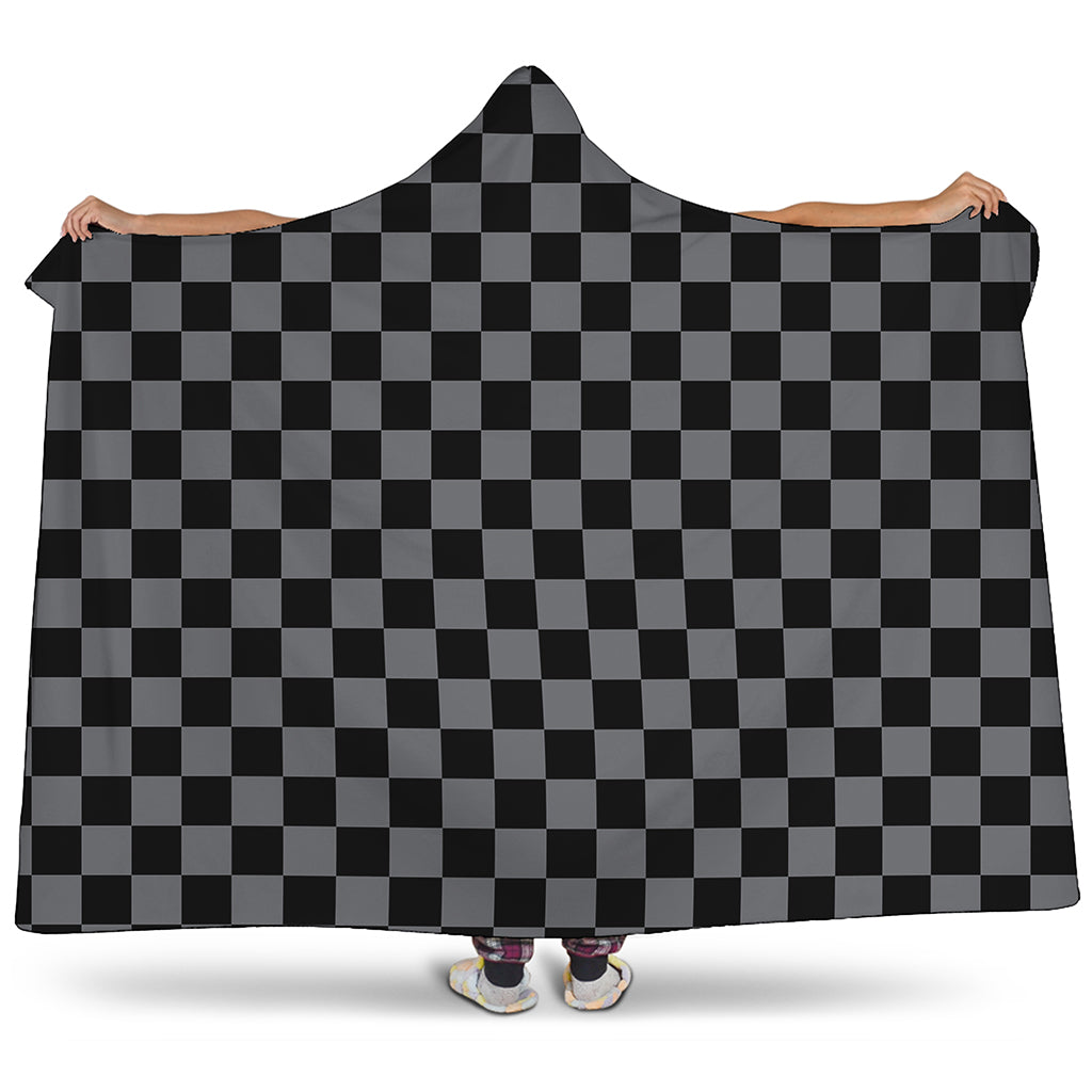 Grey And Black Checkered Pattern Print Hooded Blanket