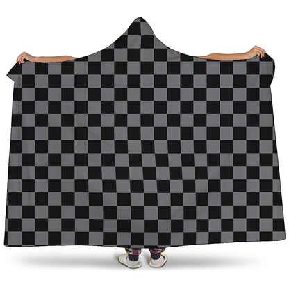 Grey And Black Checkered Pattern Print Hooded Blanket