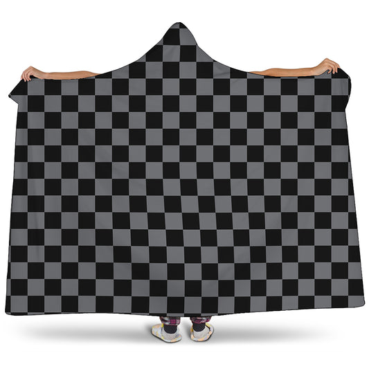 Grey And Black Checkered Pattern Print Hooded Blanket