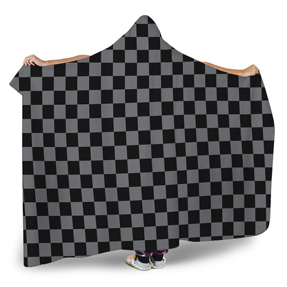 Grey And Black Checkered Pattern Print Hooded Blanket