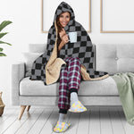 Grey And Black Checkered Pattern Print Hooded Blanket