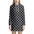 Grey And Black Checkered Pattern Print Pullover Hoodie Dress